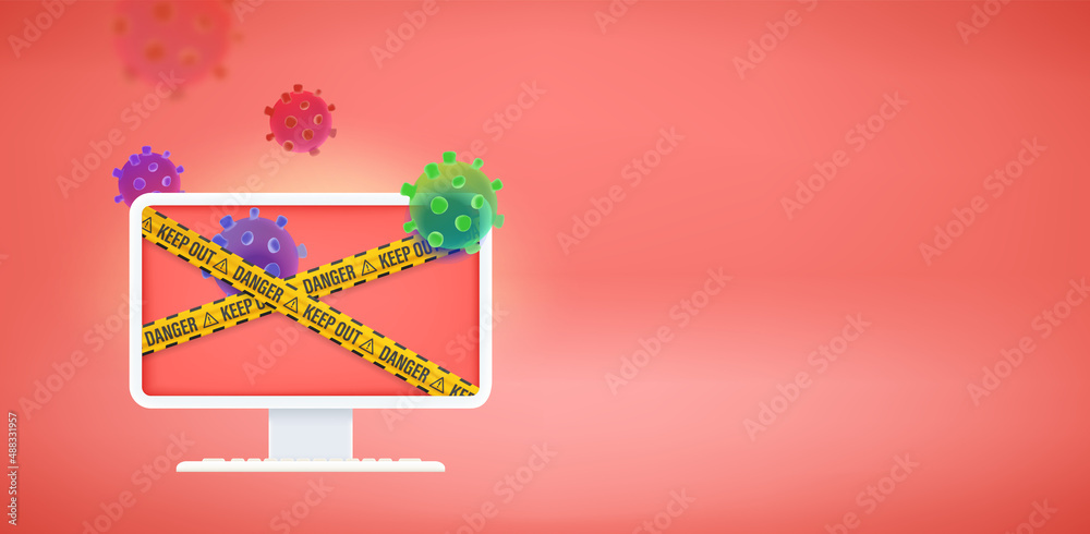 Aufkleber Aware of internet faraud and viruses. Modern computer monitor with ribbons on the screen. 3d vector banner with copy space