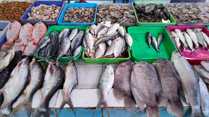 Close up top view of fish, shrimp and clam on display of stall at traditional market in South Tangerang, Indonesia. No people. 