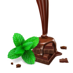Chocolate pieces and mint leaves, Liquid cocoa or chocolate and pepermint vector 3d realistic illustration