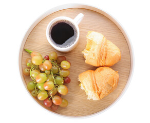 Tray with delicious breakfast on white background