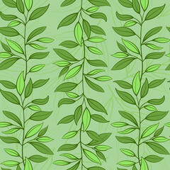 Vector seamless pattern with vertical green branches on green background. - 488333789