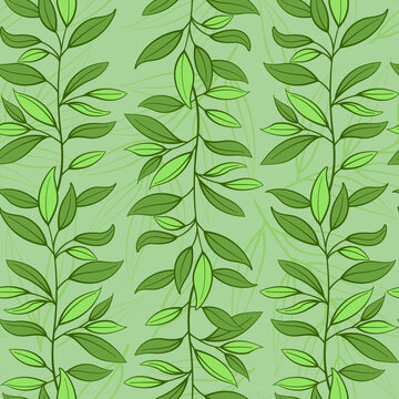 Vector seamless pattern with vertical green branches on green background.