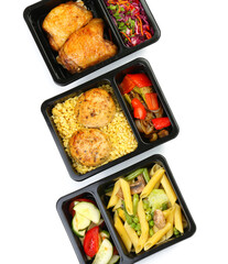 Containers with delicious food on white background