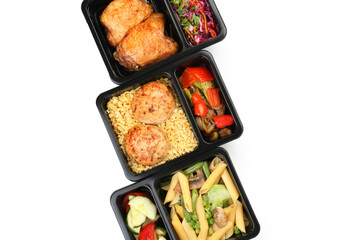 Containers with tasty food on white background