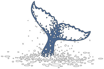 Tail fin of a diving whale among splashes, vector cartoon illustration isolated on a white background