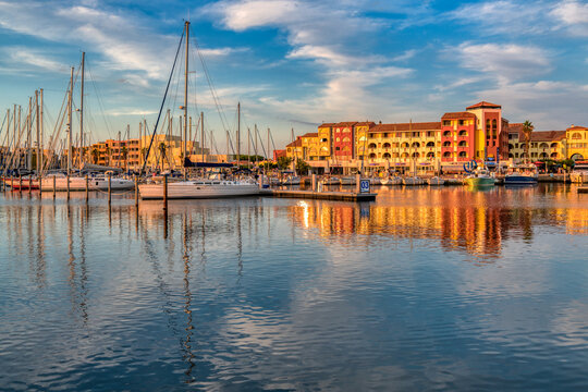 Ships and boats on a beautiful sunset taken in Port Leucate South of France a Mediterranean ladnscape 