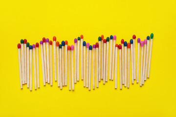 Different new matchsticks on yellow background