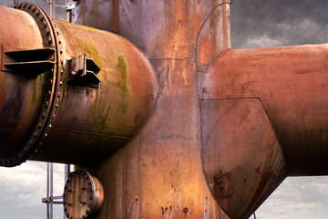 Abstract looking confluence of large iron pipes completely covered with rust