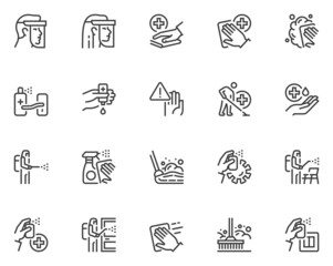 Set of Vector Line Icons Related to Disinfection and Cleaning. Disinfection of Rooms and Furniture. Protective Face Shield, Protective Suit. Editable Stroke. 48x48 Pixel Perfect.