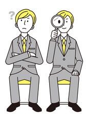 男性　スーツ　2色　虫眼鏡　疑問　着席