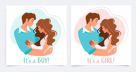 Set of cards with family and newborn baby. This is a boy. It's a girl. Gender of the child. Vector illustration.