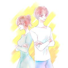 背中合わせの男女コンビ