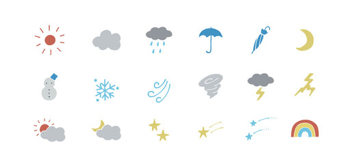 シンプルでかわいいお天気アイコン　装飾イラストセット　天候　手描き　落書き