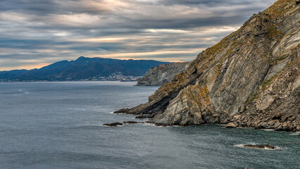 Obraz premium Coastal mediteranean landscape in Cerbere Languedoc South of France, Spanish coast is seen