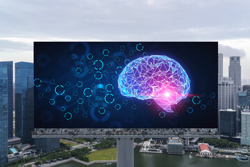 Brain hologram on billboard with Singapore cityscape background at day time. Street advertising...