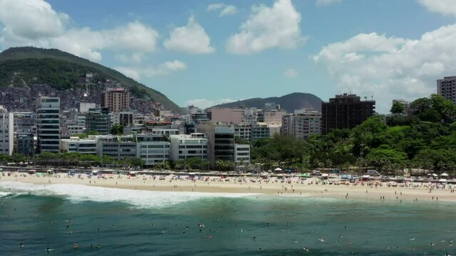 Aerial view Rio de Janeiro Copacabana Brazil. Beautiful sandy beach on the Atlantic Ocean in downtown with high-rise buildings.