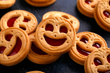 Tasty Biscuit face cookies with jam. Sweet pastries food