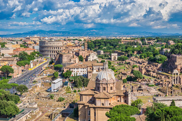 Rome Italy, high angle view city skyline at Roman Forum and Rome Colosseum