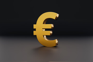 EUR sign in gold. Euro currency symbol glossy in gold metallic on a dark background. 3D illustration