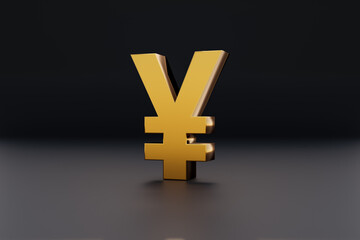 Obraz premium JPY sign in gold. Japanese yen currency symbol glossy in gold metallic on a dark background. 3D illustration