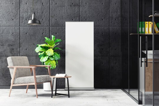 Roll up banner in modern office lobby mockup