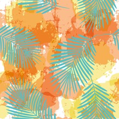 Fototapeta na wymiar Tropical pattern, Exotic print, watercolor palm leaves seamless vector background. Leaves of palm tree, girly jungle print on brush stains