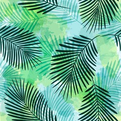 Fototapeta na wymiar Tropical pattern, Exotic print, green watercolor palm leaves seamless vector background. Leaves of palm tree, girly jungle print on brush stains