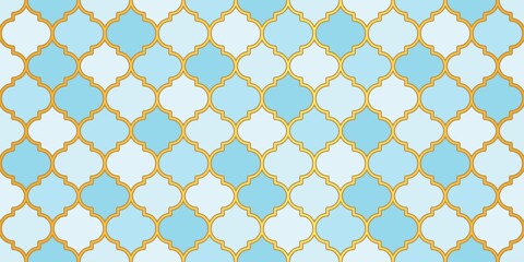 Moroccan Seamless Pattern. Blue Turkish Mosque Window Shape. Arabic Mosaic Background. Eid Mubarak Muslim Ornament. Ramadan Kareem Islamic Illustration