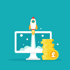 laptop screen with rocket and money. Shuttle and golden pound sterling coins.