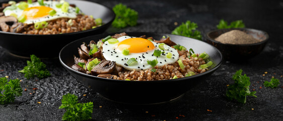 Bowl of Buckwheat with mushrooms, onion and egg. Healthy food