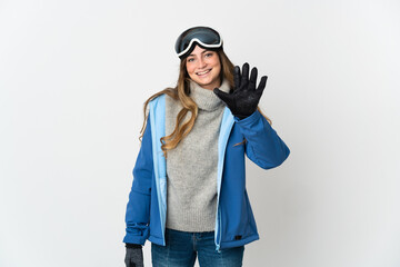 Skier girl with snowboarding glasses isolated on white background counting five with fingers