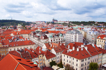 Top view to red roofs skyline of Prague city, Czech Republic. Aerial view of Prague city with...