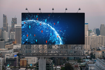 World planet Earth map hologram of social media icons over sunset panoramic cityscape of Bangkok, Southeast Asia. The concept of people connections.