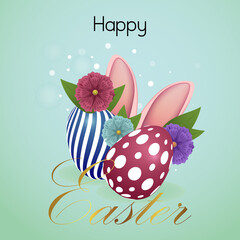 Vector Illustration of Happy Easter Holiday with Painted Egg, Rabbit Ears and Flower on blue background. International Spring Celebration Design with Typography for Greeting Card, Party Invitation