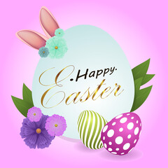 Vector Illustration of Happy Easter Holiday with Painted Egg, Rabbit Ears and Flower on pink background.International Spring Celebration Design with Typography for Greeting Card, Party Invitation