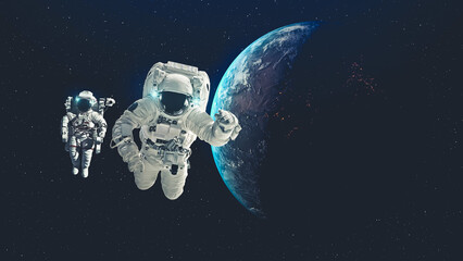 Astronaut spaceman do spacewalk while working for spaceflight mission at space station . Astronaut...