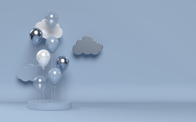 3d glossy balloons with podium and clouds. Blue background for Father's Day, birthday, anniversary, sale. 3d rendering illustration with copy space.