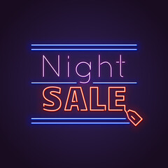 Fototapeta premium Big night sale neon text. Neon lamp square sign. Glowing neon sign of night sale with price tag on letters. Template for glowing neon banner on dark background with neon script letters.