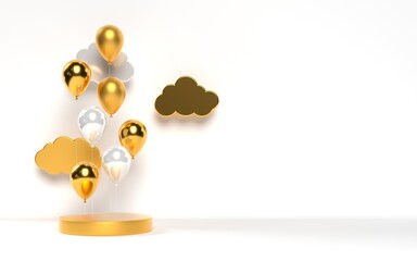 3d glossy golden balloons with podium and clouds. White gold background for birthday, anniversary, sale. 3d rendering illustration with copy space.