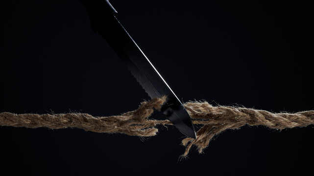 The stretched cord is cut with a knife on a dark background. The rope is about to break. The concept of the danger of rupture.
