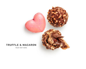 Chocolate candy and macaroon. Tasty sweets on white background