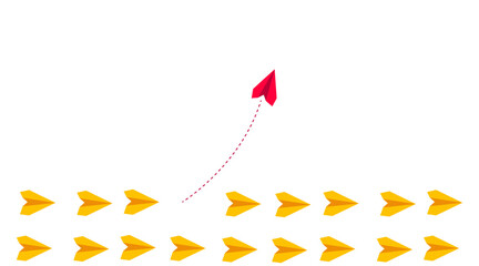 Red plane changing direction and yellow planes. Concept for new idea, change, trend, courage, creative solution, innovation and unique way.