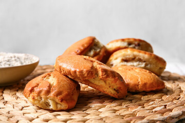 Tasty sochniki with cottage cheese on table