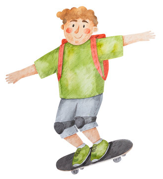 Happy boy rides skateboard. Bright watercolor illustration. Hand-drawn picture of child
