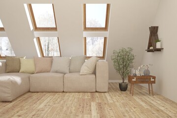 White living room with sofa and winter landscape in window. Scandinavian interior design. 3D illustration