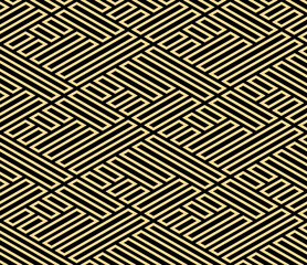 Abstract geometric pattern with stripes, lines. Seamless vector background. Gold and black ornament. Simple lattice graphic design