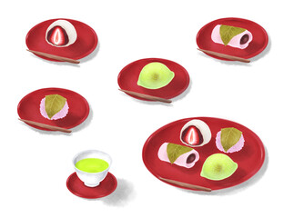 Japanese sweets (2 types of Sakuramochi, Uguisu Mochi, Ichigo Daifuku) drawn with digital watercolor set