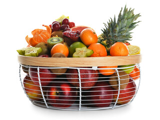Basket with fresh juicy fruits on white background