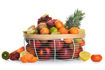 Basket with fresh juicy fruits on white background