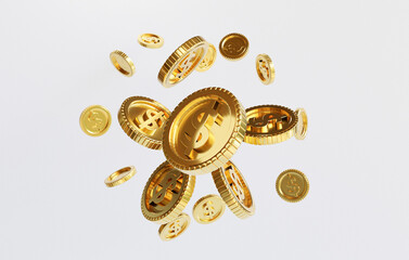 Isolation of US dollar golden coins flying on white background for investment and deposit saving concept by 3d render.